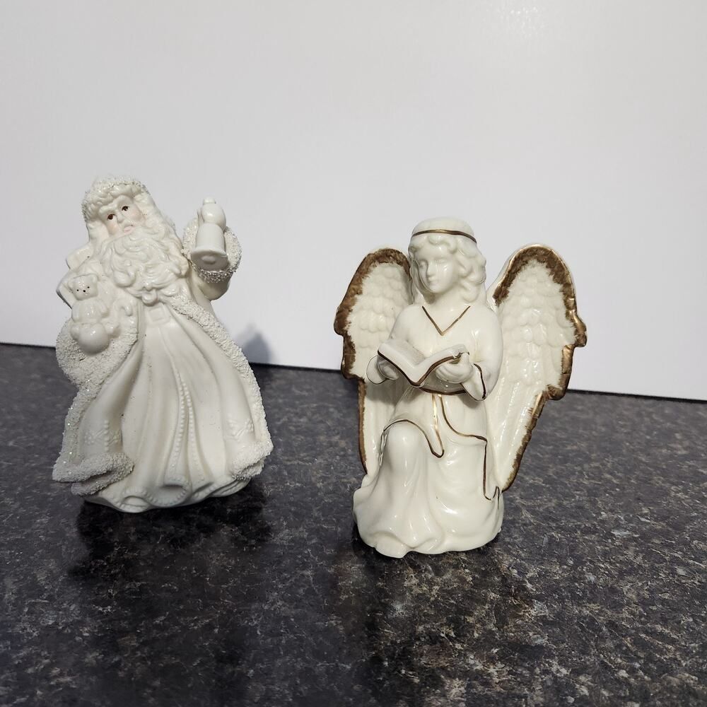 White Ceramic Angel w/Bible, Gold Trim + Santa has Bell, Bear 2 Figurines 6-5.5"
